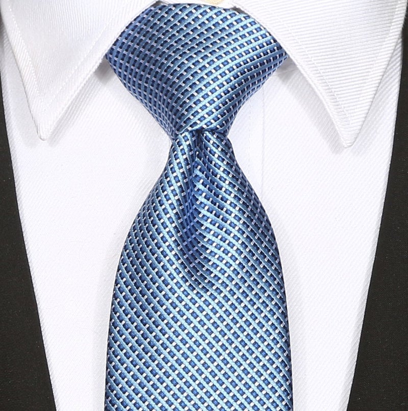 KissTies Mens Blue Tie Set Checkered Necktie Blue Ties + Pocket Square - Image 4